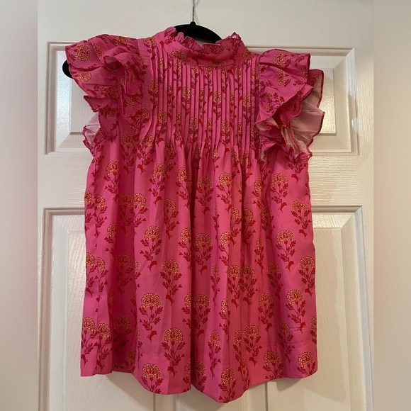 Ruffled Floral Printed Mock Neck Cap Sleeve Blouse Pink - Picture 2 of 6